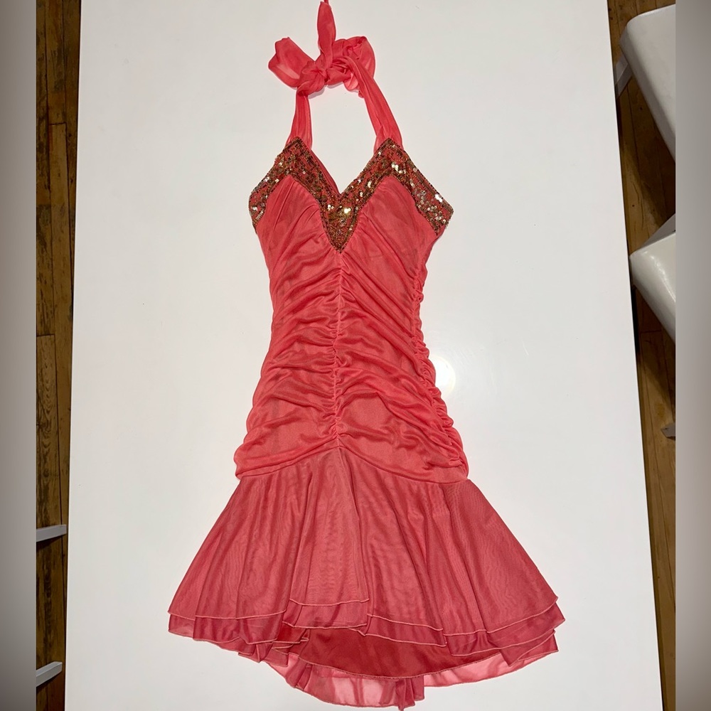 Vintage 2000s golden sparkly cocktail asymmetrical ruched ruffled dress